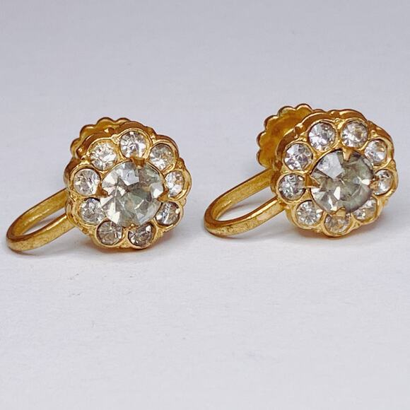 Vintage Coro Signed 1940s Rhinestone Screw Back Earrings Mid Century Gold Tone - Picture 12 of 14